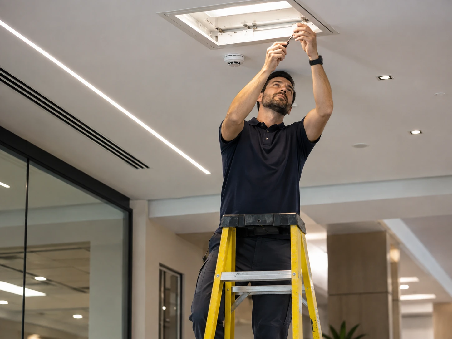Golden Gloves building maintenance technician inspecting a ceiling access system