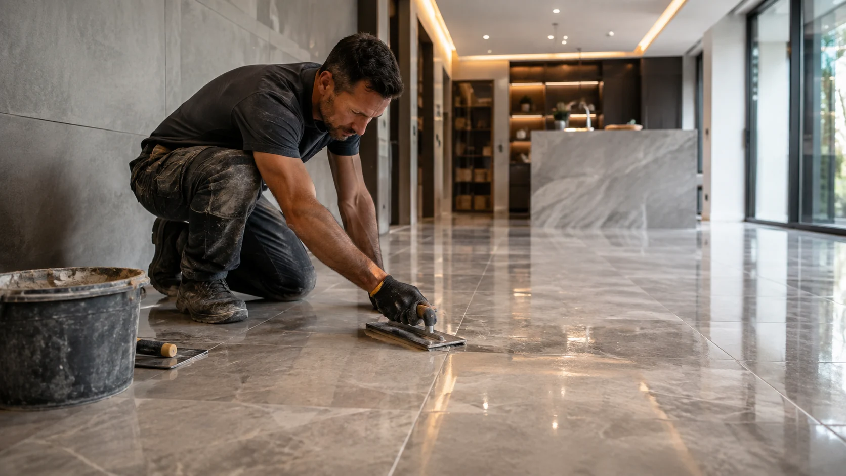 Professional flooring technician installing and finishing a floor