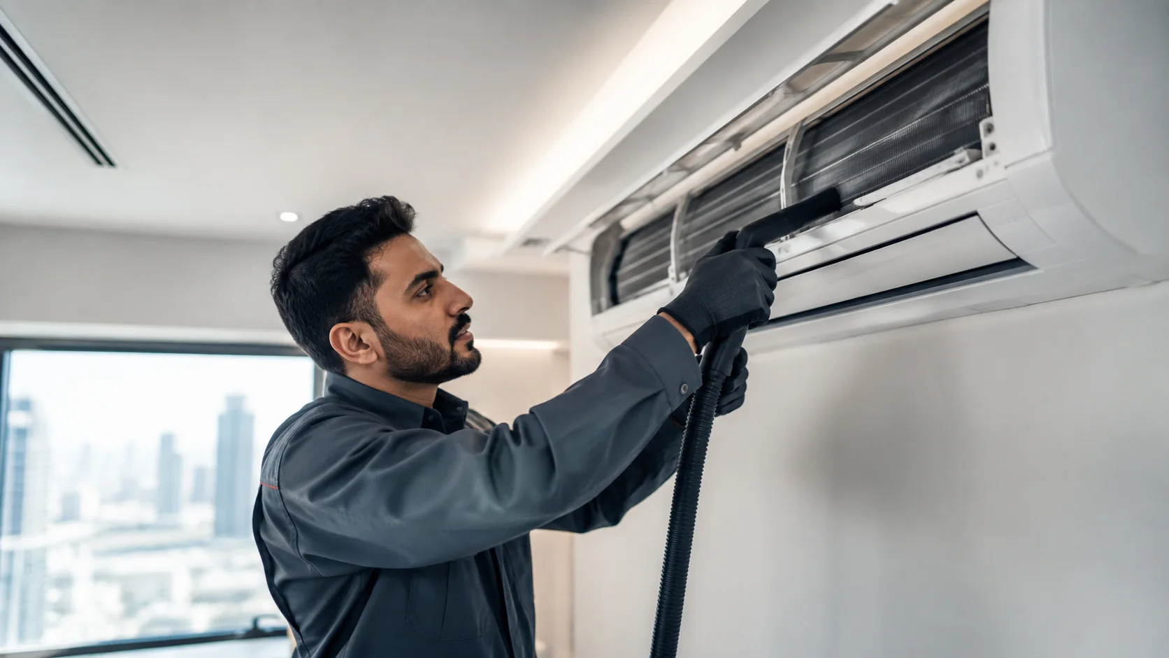 HVAC technician cleaning and servicing an air-conditioning system
